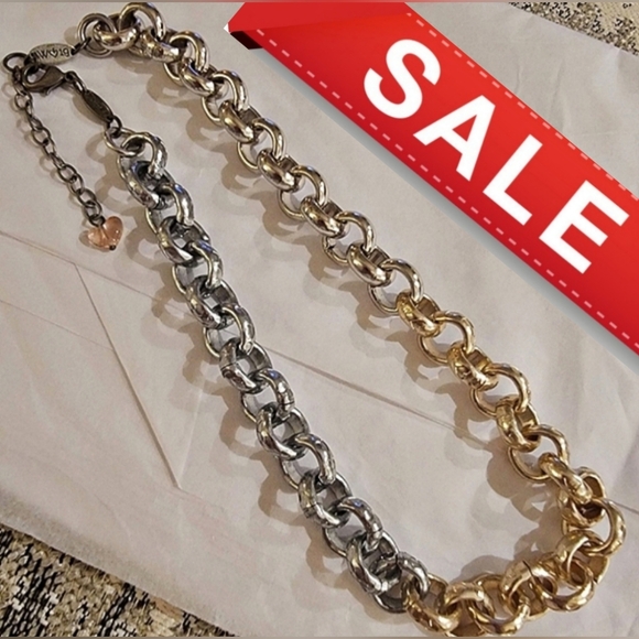 Sabika Winter 2019 Asymmetrical Gold & Silver Heart Stamped Link Necklace - Picture 1 of 4